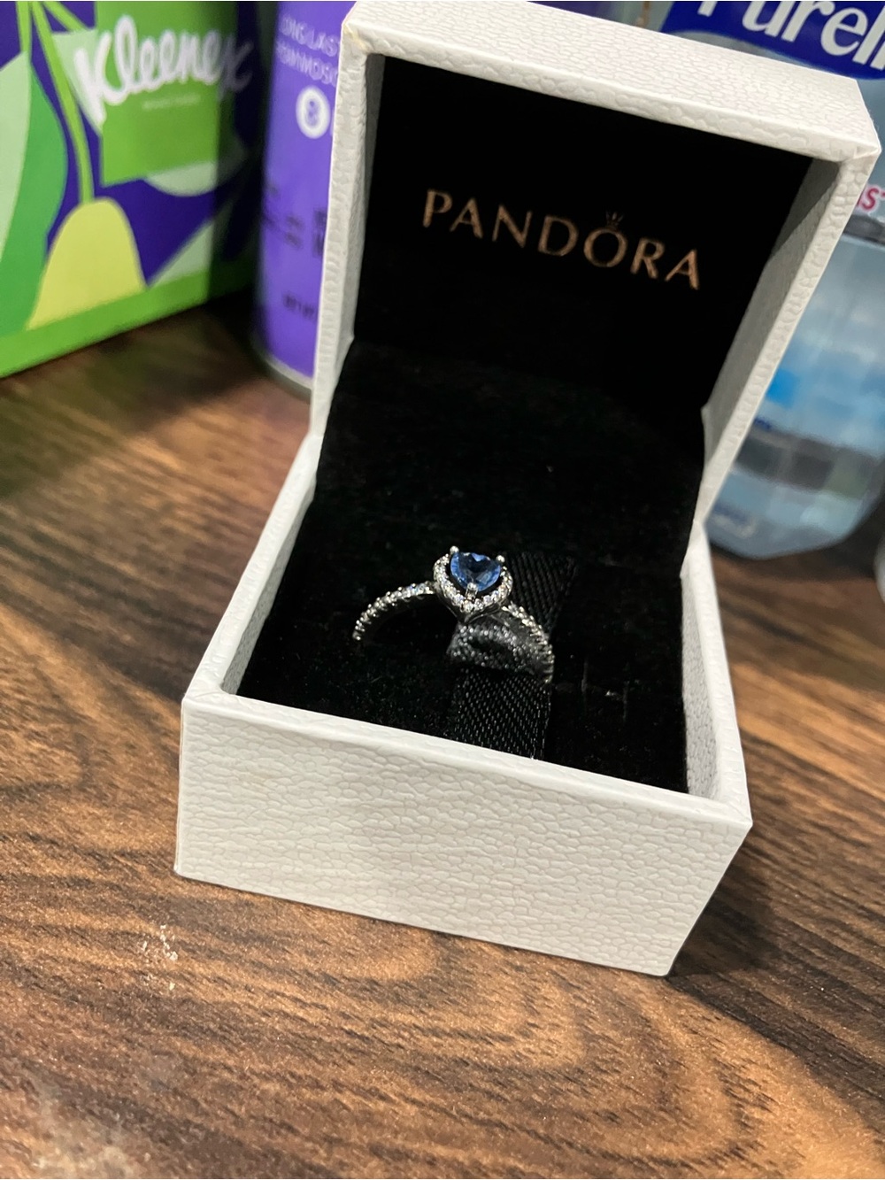 Pandora Silver Ring with Heart-Shaped Blue Stone and Halo